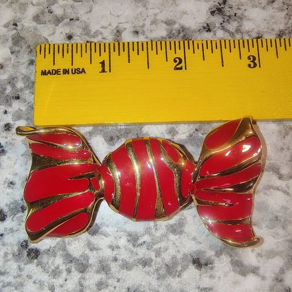 Vintage Rare St. John Gold Tone Red Enamel Candy Brooch